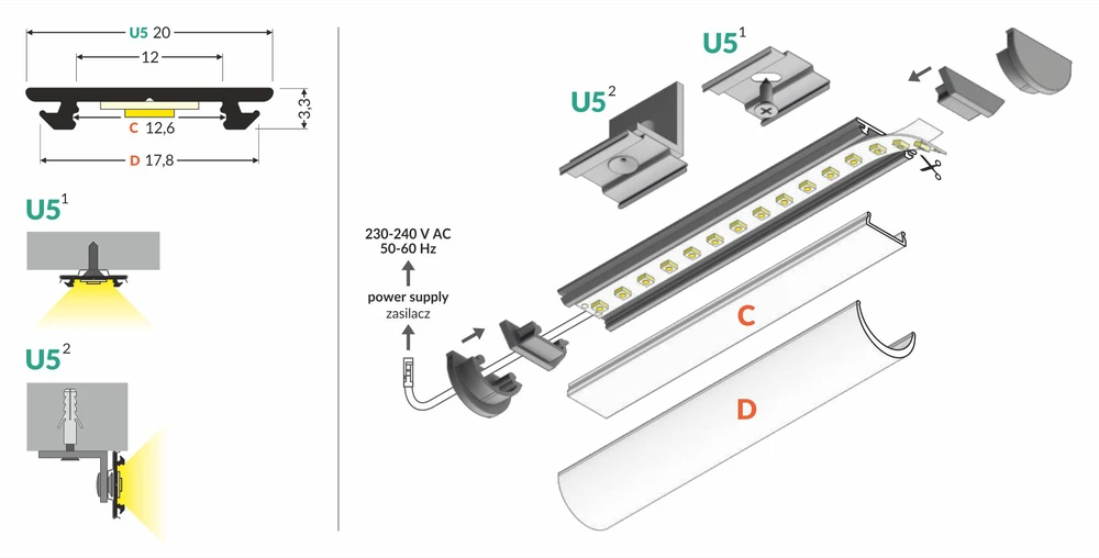 3m LED juostos profilis ARC12 CD/U5, lankstus, neanoduotas aliuminis