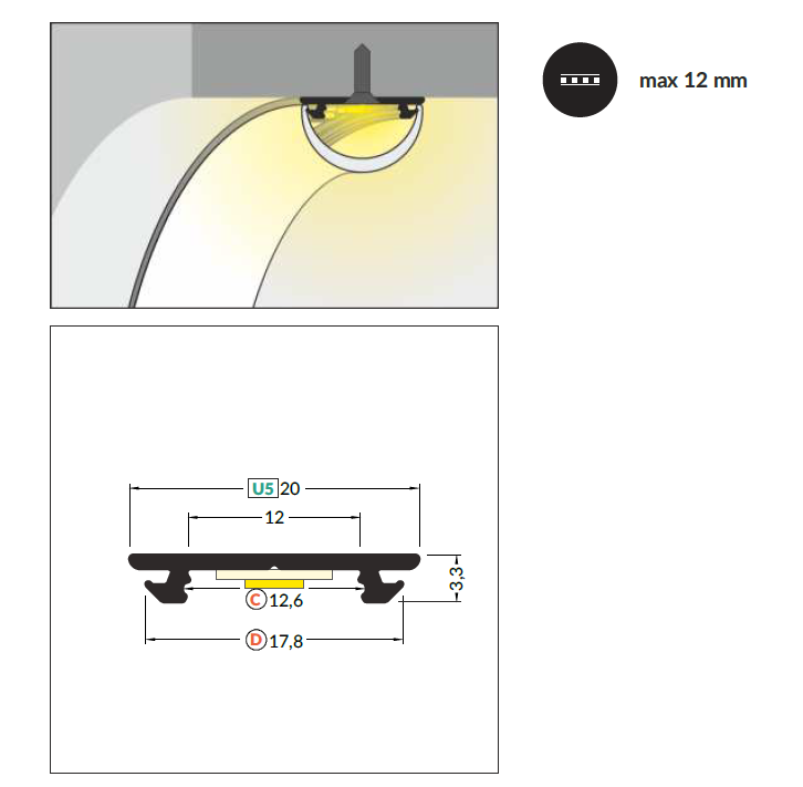 3m LED juostos profilis ARC12 CD/U5, lankstus, neanoduotas aliuminis