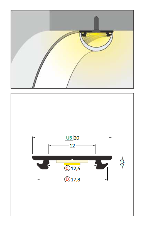 3m LED juostos profilis ARC12 CD/U5, lankstus, juodai dažytas