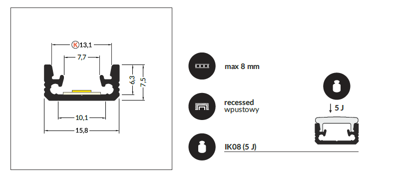 3m LED juostos profilis FLOOR8 K, anoduotas aliuminis