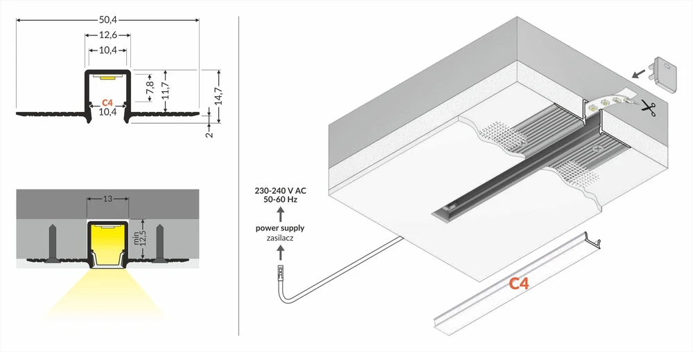 3m LED juostos profilis HIDE10 C4, neanoduotas aliuminis