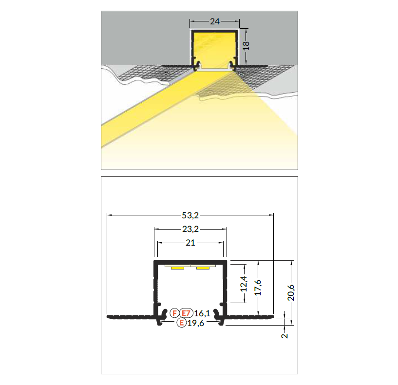 3m LED juostos profilis LINEA-IN20 TRIMLESS EF, neanoduotas aliuminis