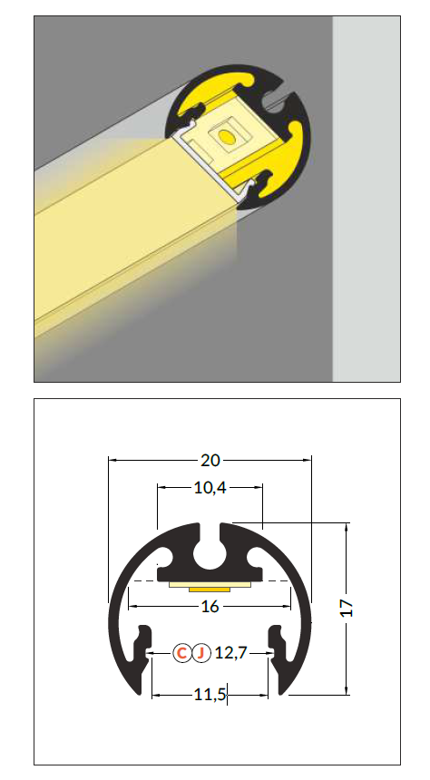 3m LED juostos profilis PEN12 CJ, anoduotas aliuminis