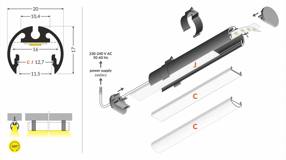 3m LED juostos profilis PEN12 CJ, juodai dažytas