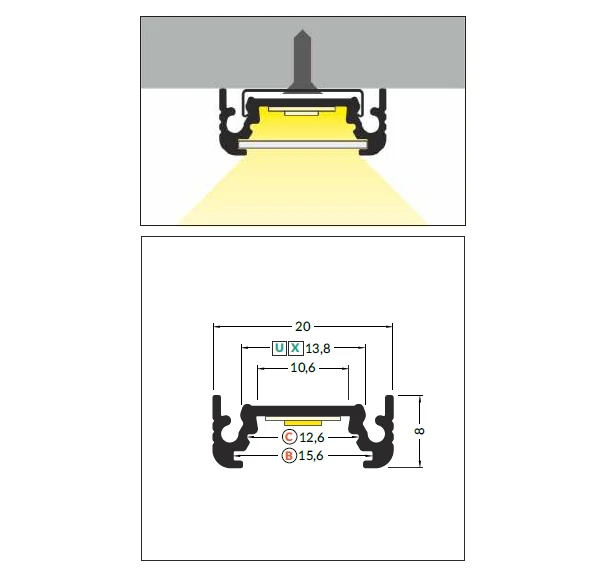 3m LED juostos profilis SURFACE10 BC/UX, juodai anoduotas