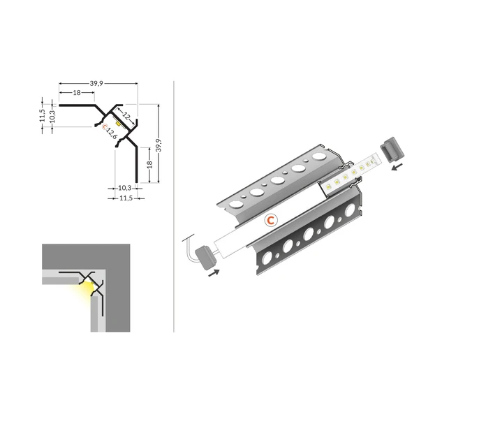 3m LED juostos profilis UNI-TILE12 C PLUS, 90 laipsnių, anoduotas aliuminis