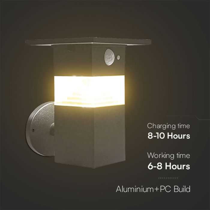 Sieninis šviestuvas V-tac 3W LED įkraunamas sieninis lauko šviestuvas su saulės baterija ir judesio davikliu, juodas, 3000K, IP54