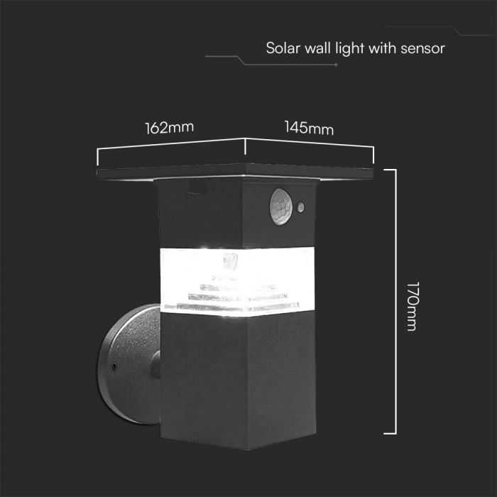Sieninis šviestuvas V-tac 3W LED įkraunamas sieninis lauko šviestuvas su saulės baterija ir judesio davikliu, juodas, 3000K, IP54