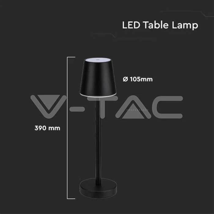 V-tac 3W LED įkraunamas stalo šviestuvas, juodas, 4000K, dimeriuojamas