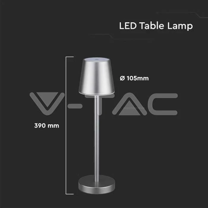 V-tac 3W LED įkraunamas stalo šviestuvas, pilkas, 3000K, dimeriuojamas