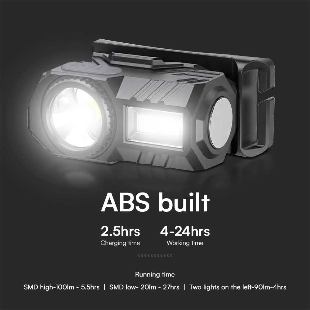 V-tac 3W LED įkraunamas žibintuvėlis, juodas, IP43, tvirtinamas ant galvos