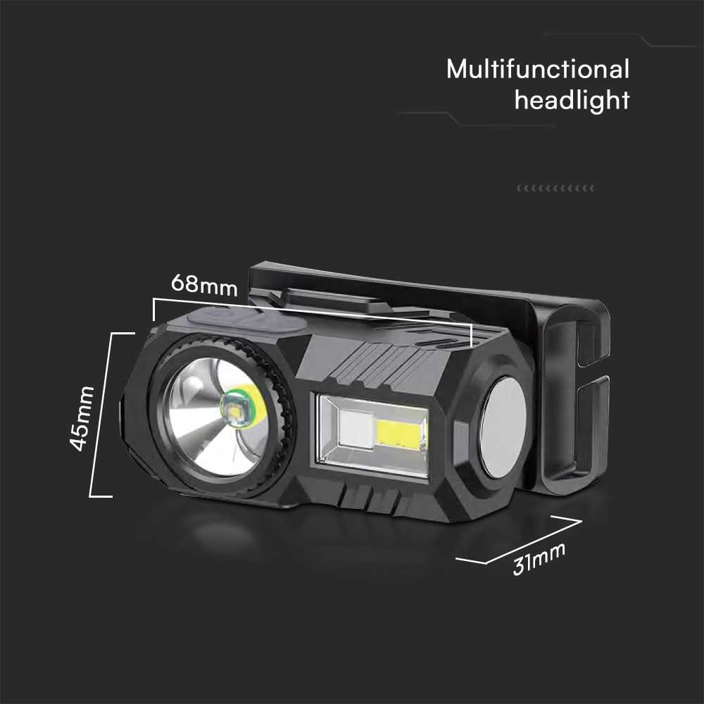 V-tac 3W LED įkraunamas žibintuvėlis, juodas, IP43, tvirtinamas ant galvos