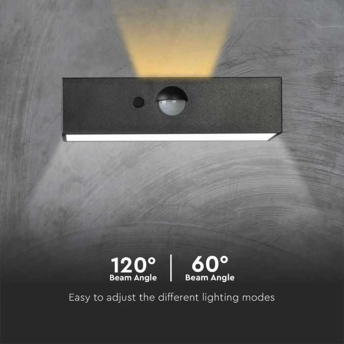 Sieninis šviestuvas V-tac 3W LED paviršinis šviestuvas su saulės baterija ir judesio davikliu, juodas, 3000/4000K