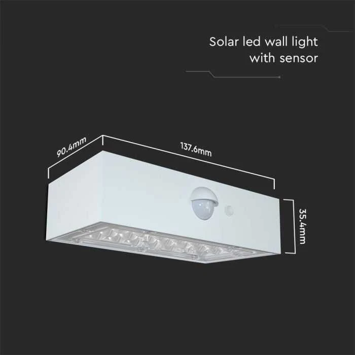 Sieninis šviestuvas V-tac 3W LED paviršinis šviestuvas su saulės baterija ir judesio davikliu, baltas, 3000/4000K