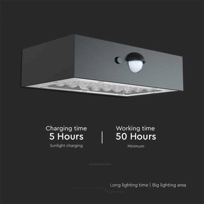 Sieninis šviestuvas V-tac 3W LED paviršinis šviestuvas su saulės baterija ir judesio davikliu, juodas, 3000/4000K