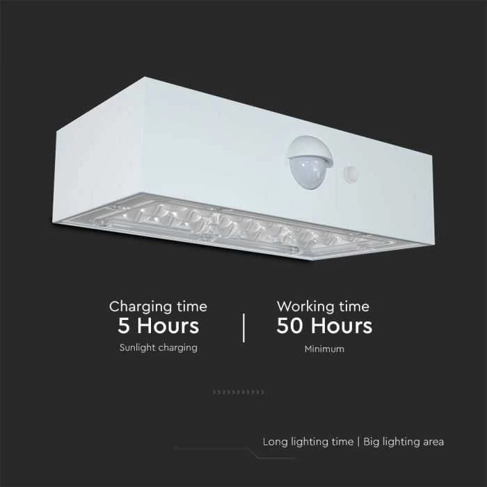 Sieninis šviestuvas V-tac 3W LED paviršinis šviestuvas su saulės baterija ir judesio davikliu, baltas, 3000/4000K