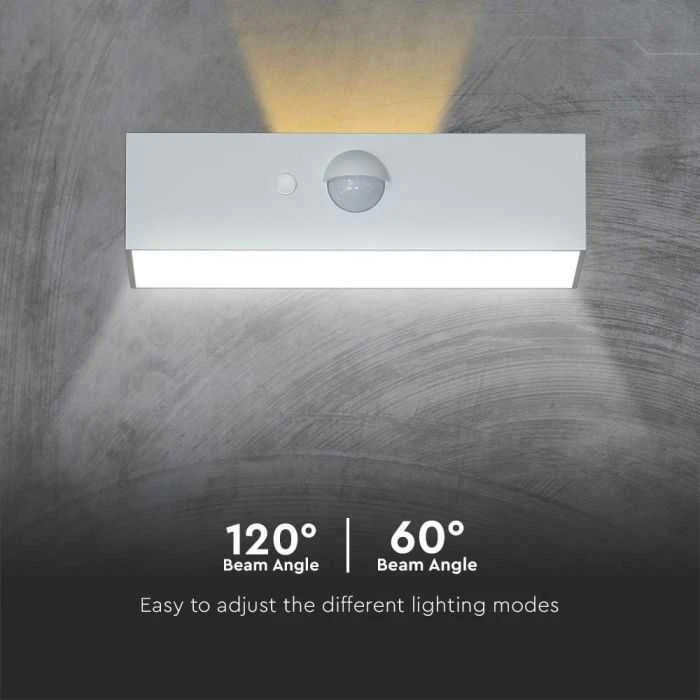 Sieninis šviestuvas V-tac 3W LED paviršinis šviestuvas su saulės baterija ir judesio davikliu, baltas, 3000/4000K