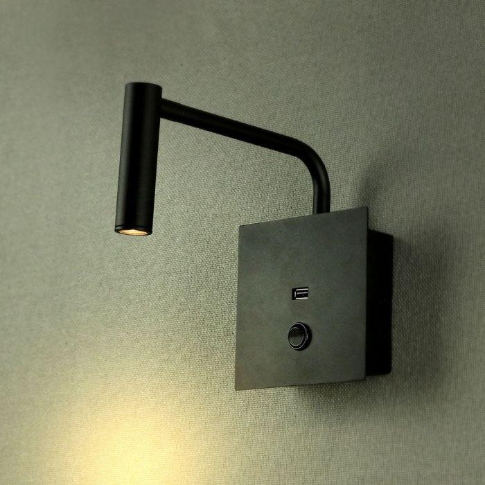 V-tac 3W LED sieninis šviestuvas, juodas, su USB, 3000K