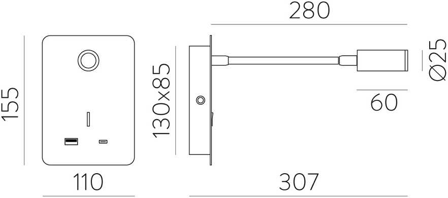 3W LED sieninis šviestuvas SENDA, baltas, 3000K, su USB, A3835001B