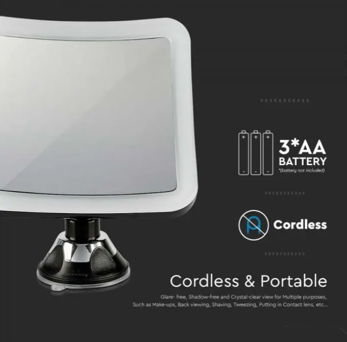 3W stalinis LED veidrodis V-TAC, 6400K, su baterijomis (parduodamos atskirai), su padidinamuoju stiklu, juodas
