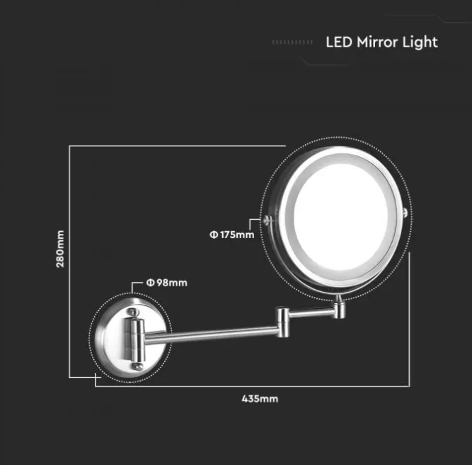 Sieninis šviestuvas V-tac 3W šviestuvas su veidrodžiu, nikelio sp., 6400K, su baterija