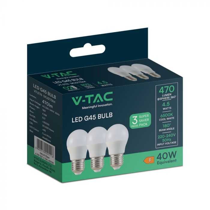 V-tac 4,5W LED lemputė, G45, E27, 6500K, 3vnt. pakuotėje