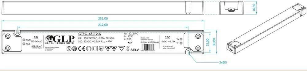 45W LED maitinimo šaltinis GTPC SLIM, 12V, IP20