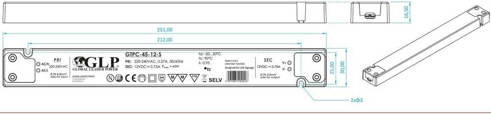 45W LED maitinimo šaltinis GTPC SLIM, 24V, IP20