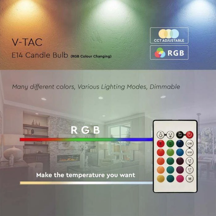 V-tac 4,8W LED lemputė, E14, 4000K/RGB, dimeriuojama