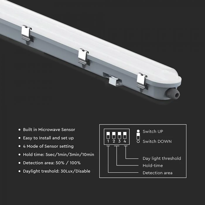 V-tac 48W LED šviestuvas T8, 150cm, 6500K, pieno sp. dangteliu, su mikrobangų judesio jutikliu