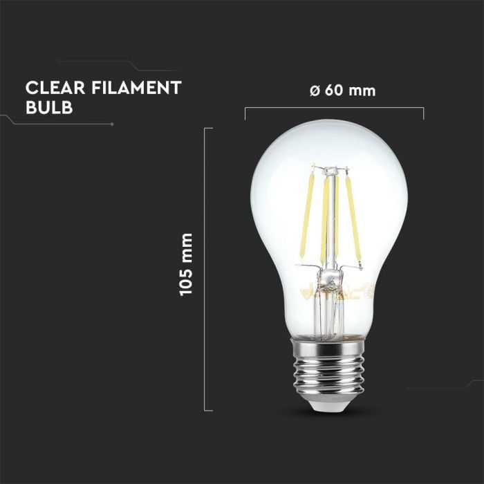V-tac 4W LED filamentinė lemputė, A60, E27, 6500K