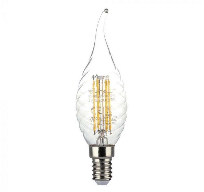 V-tac 4W LED filamentinė lemputė, E14, žvakės formos, 3000K