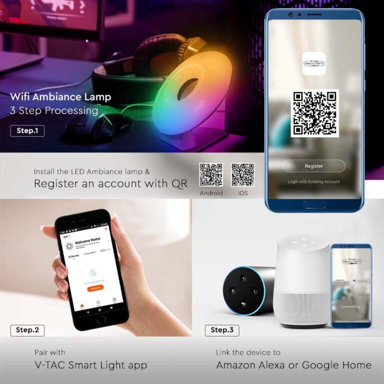 V-tac 4W LED šviestuvas, baltas, suderinamas su AMAZON ALEXA ir GOOGLE HOME, 3000-6500K/RGB