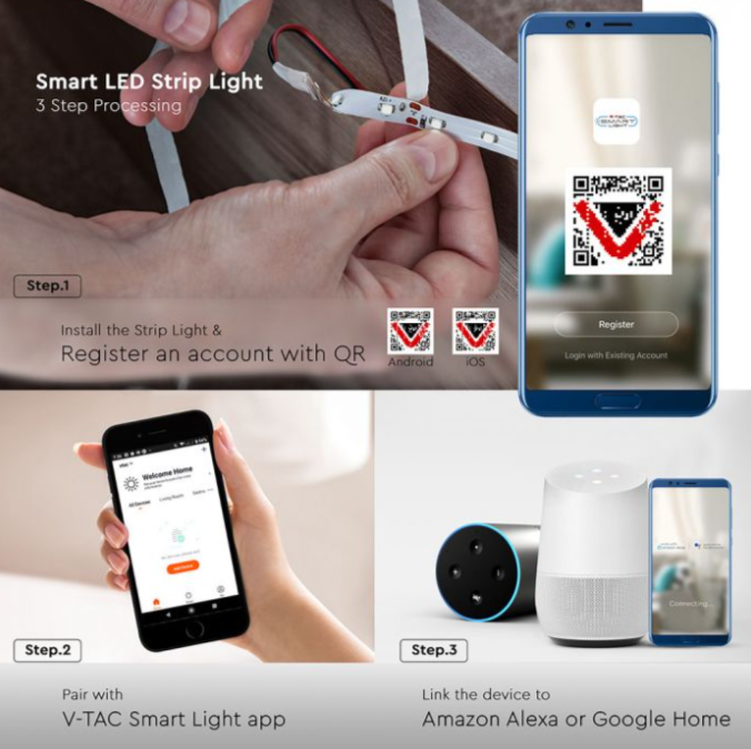 4W/m, 12V LED juosta V-TAC, RGB+3in1, IP65, suderinama su Amazon Alexa ir Google Home, 5m ilgio