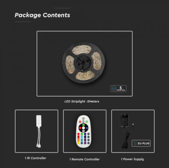 4W/m, 12V LED juosta V-TAC, RGB+3in1, IP65, suderinama su Amazon Alexa ir Google Home, 5m ilgio