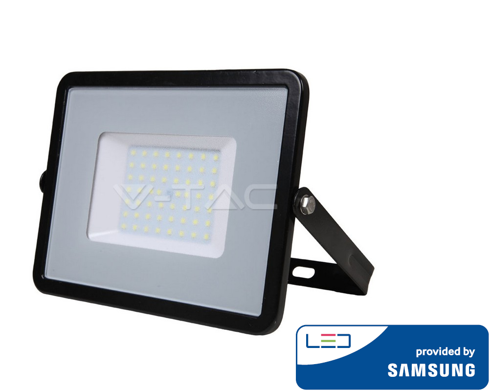 50W LED prožektorius V-TAC, 3000K (šiltai balta), IP65, juodu korpusu, SAMSUNG LED chip