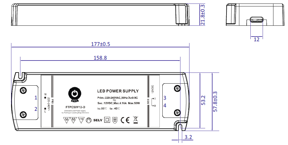 50W maitinimo šaltinis POS, 12V IP20, dimeriuojamas
