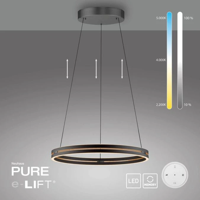 53W LED pakabinamas šviestuvas E-LOOP, ąžuolo/juodos sp., 2700-5000K, dimeriuojamas, 70cm, reguliuojamo aukščio