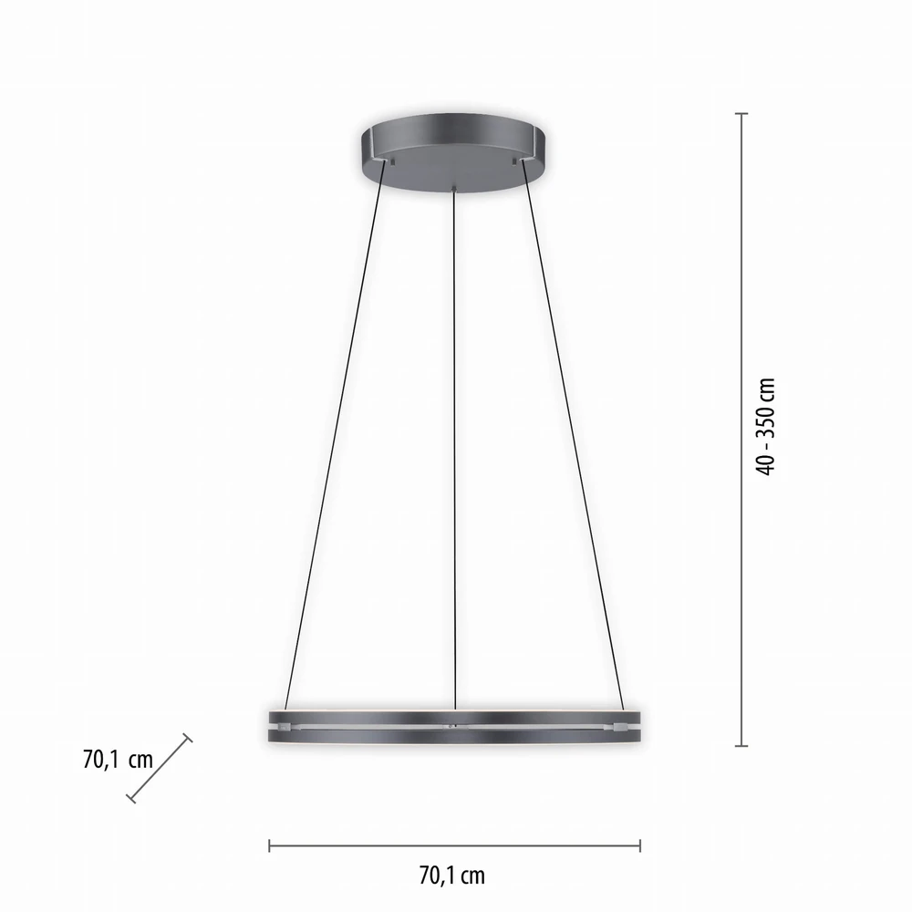 53W LED pakabinamas šviestuvas E-LOOP, pilkos sp., 2700-5000K, dimeriuojamas, 70cm, reguliuojamo aukščio