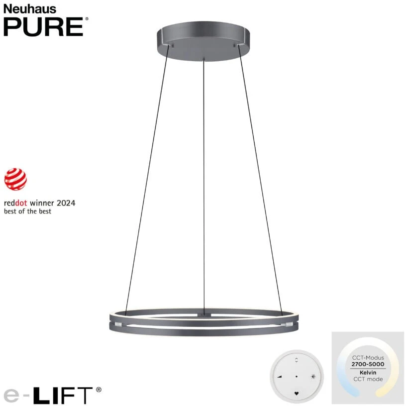 53W LED pakabinamas šviestuvas E-LOOP, pilkos sp., 2700-5000K, dimeriuojamas, 70cm, reguliuojamo aukščio