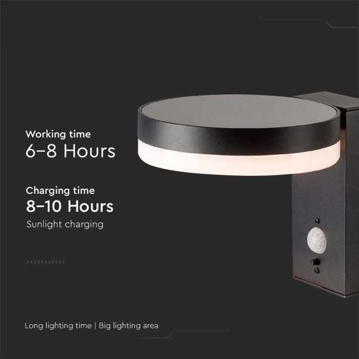Sieninis šviestuvas V-tac 5,5W LED sieninis lauko šviestuvas su saulės baterija ir judesio davikliu, juodas, 3000K, IP54