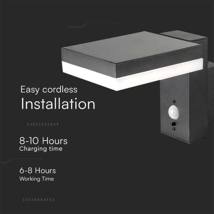 Sieninis šviestuvas V-tac 5,5W LED sieninis lauko šviestuvas su saulės baterija ir judesio davikliu, juodas, 3000K, IP54