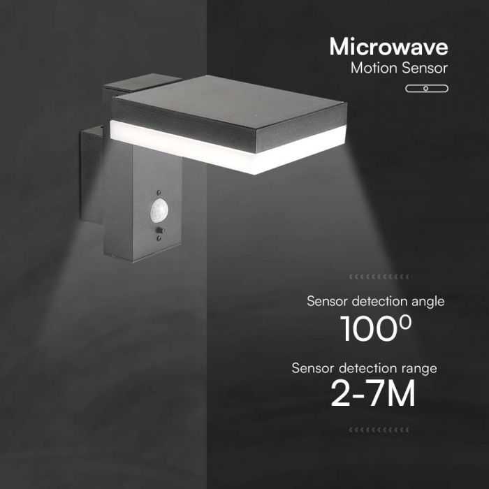 Sieninis šviestuvas V-tac 5,5W LED sieninis lauko šviestuvas su saulės baterija ir judesio davikliu, juodas, 3000K, IP54