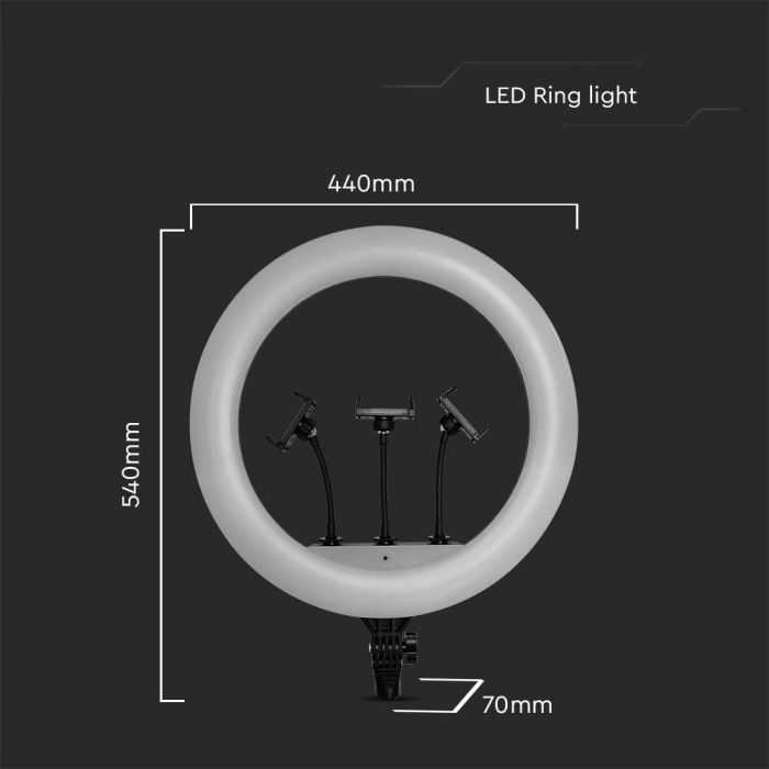 V-tac 55W LED šviečiantis žiedas, juodas, 3200K-5800K, su 3 telefonų laikikliais ir nuotolinio valdymo funkcija