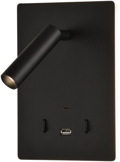 5W + 3W LED sieninis šviestuvas MANAT, juodas, 3000K, su USB ir USB C jungtimis, A3568002N
