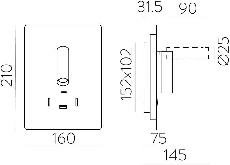 5W + 3W LED sieninis šviestuvas MANAT, juodas, 3000K, su USB ir USB C jungtimis, A3568002N