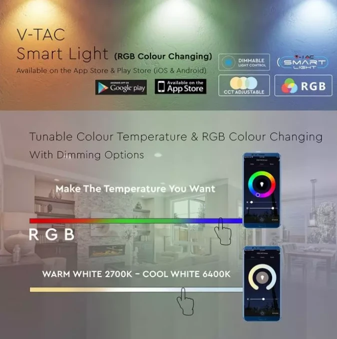 5W išmani lemputė V-TAC, E27, RGB + 2700K-6400K