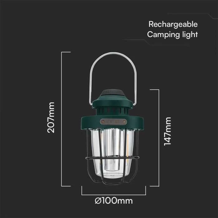 V-tac 5W LED įkraunamas žibintas, žalias, 2700-6500K, IP44, dimeriuojamas