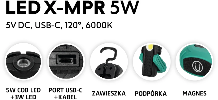 5W LED įkraunamas žibintuvėlis X-MPR, juodas, 6000K, IP54
