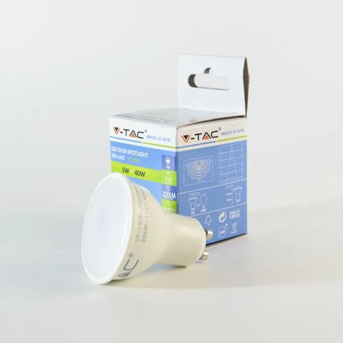 5W LED lemputė V-TAC, GU10, su plastikiniu, matiniu dangteliu, (4000K) dienos šviesa